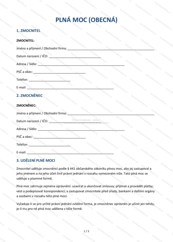 Plná moc (obecná) — Vzor Word & PDF