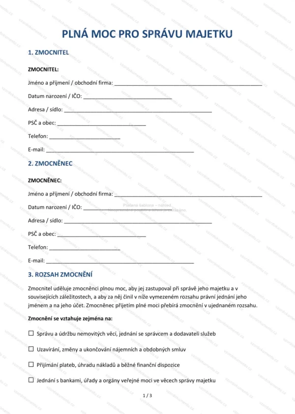 Plná moc pro správu majetku — Vzor Word & PDF