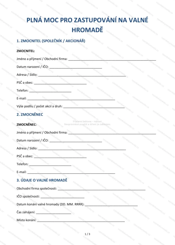 Plná moc pro valnou hromadu — Vzor Word & PDF