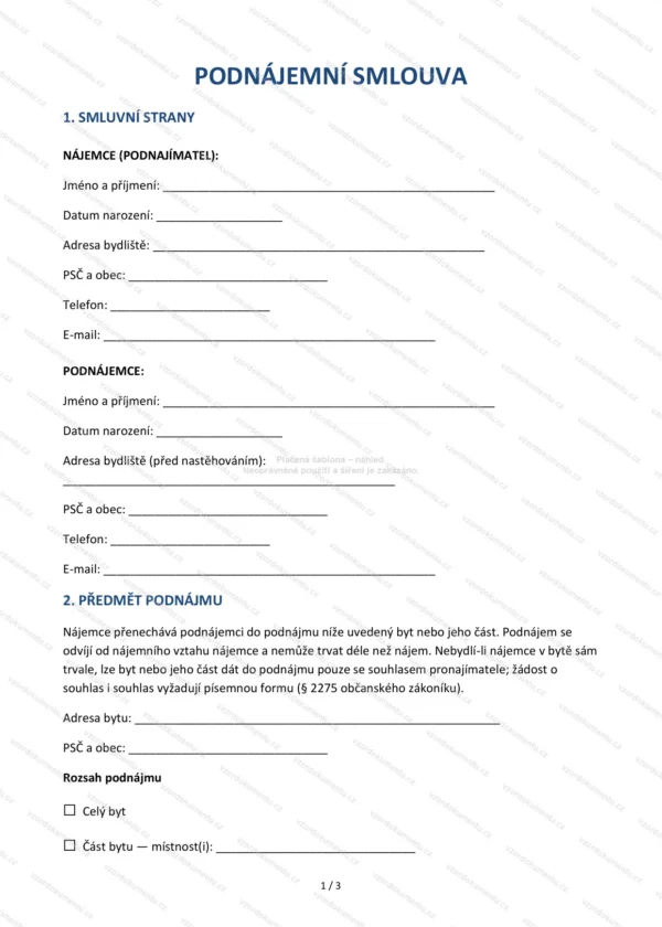 Podnájemní smlouva — Vzor Word & PDF