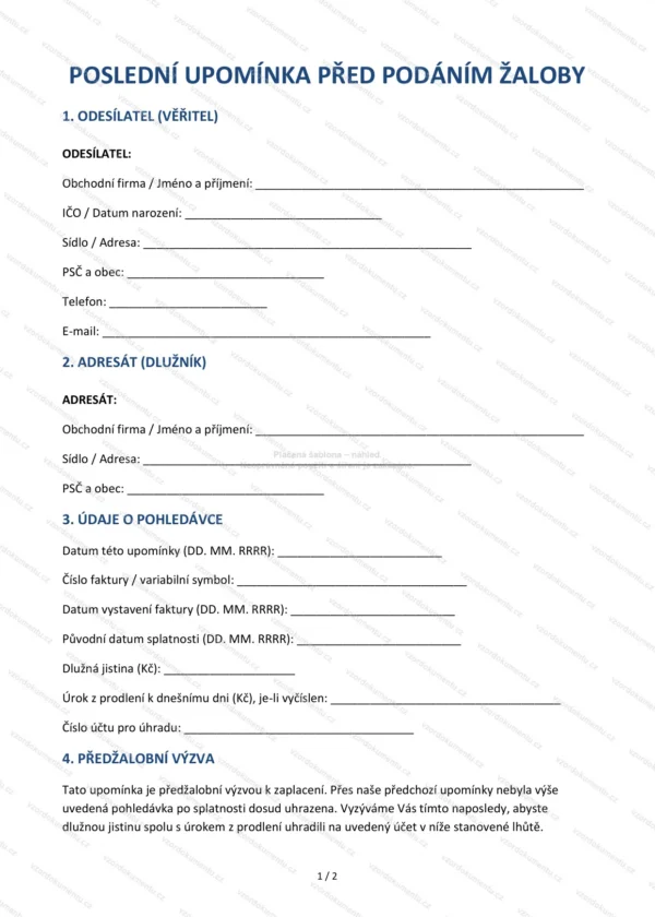 Předžalobní výzva (poslední upomínka) — Vzor Word & PDF