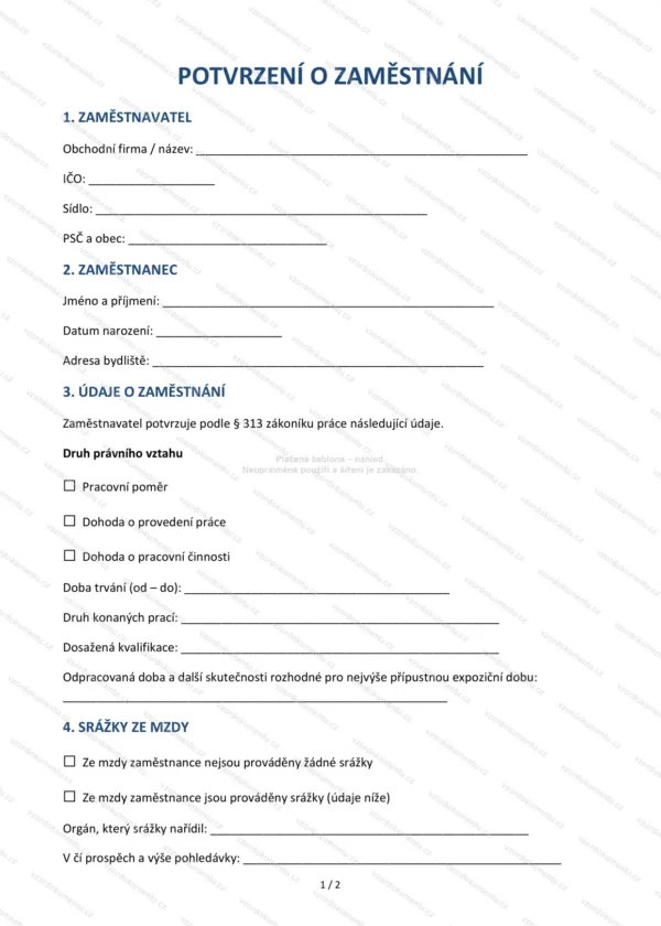 Potvrzení o zaměstnání (zápočtový list) — Vzor Word & PDF