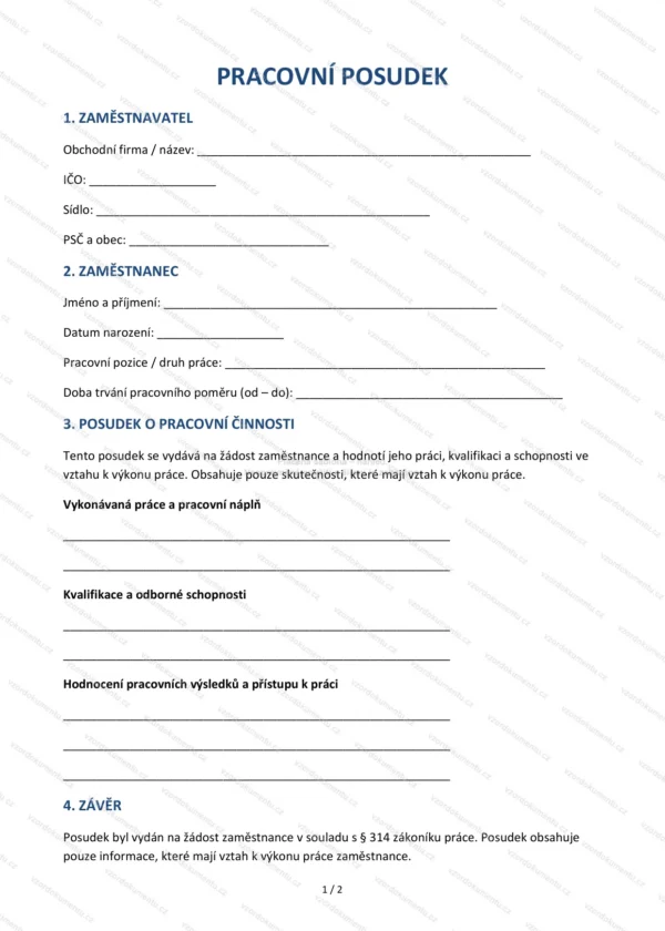 Pracovní posudek — Vzor Word & PDF