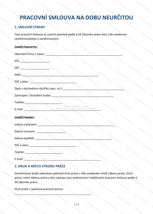 Pracovní smlouva na dobu neurčitou — Vzor Word & PDF