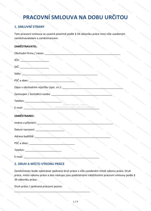 Pracovní smlouva na dobu určitou — Vzor Word & PDF
