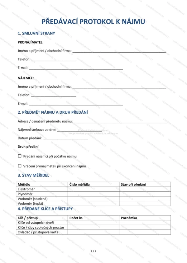 Předávací protokol k nájmu — Vzor Word & PDF