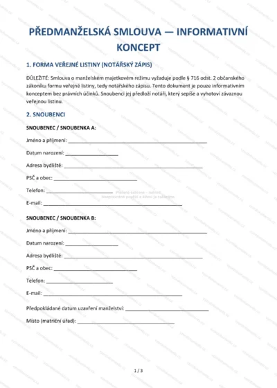 Předmanželská smlouva (koncept) — vzor ke stažení, náhled strany 1 z 3