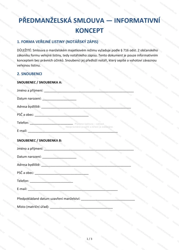 Předmanželská smlouva (koncept) — Vzor Word & PDF