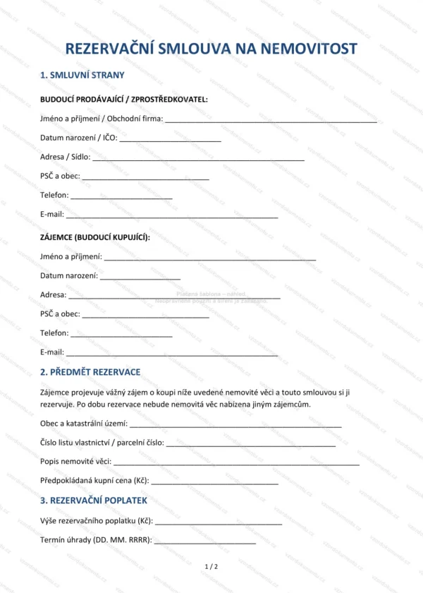 Rezervační smlouva na nemovitost — Vzor Word & PDF