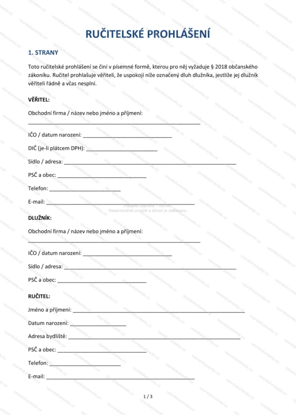 Ručitelské prohlášení — Vzor Word & PDF