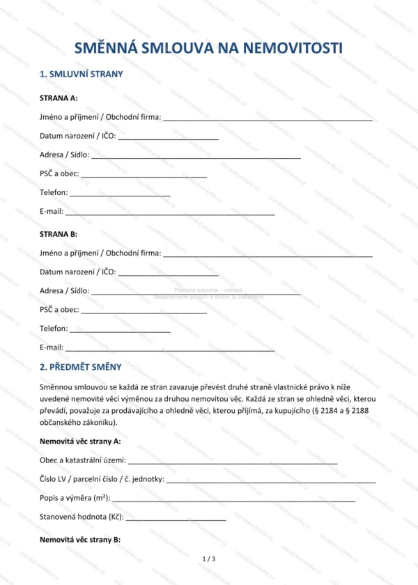 Směnná smlouva na nemovitosti — Vzor Word & PDF