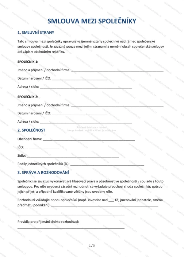 Smlouva mezi společníky — Vzor Word & PDF