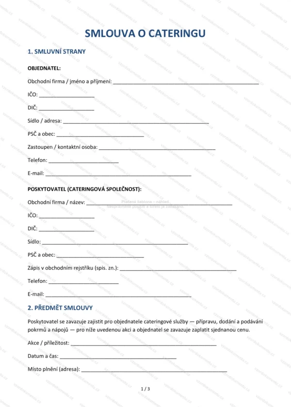 Smlouva o cateringu — Vzor Word & PDF