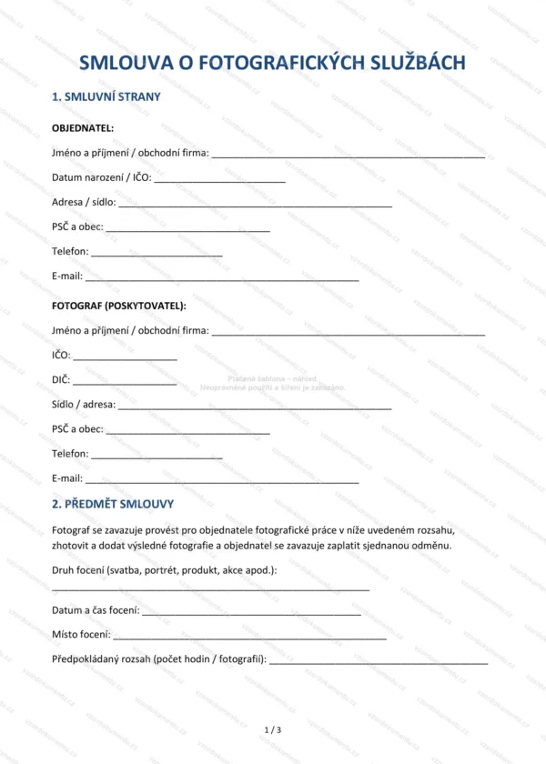 Smlouva o fotografických službách — Vzor Word & PDF