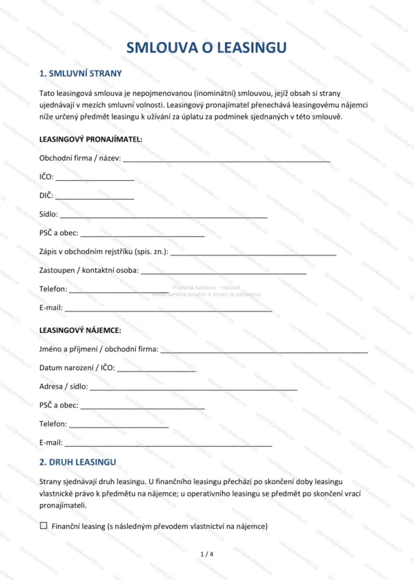 Smlouva o leasingu — Vzor Word & PDF