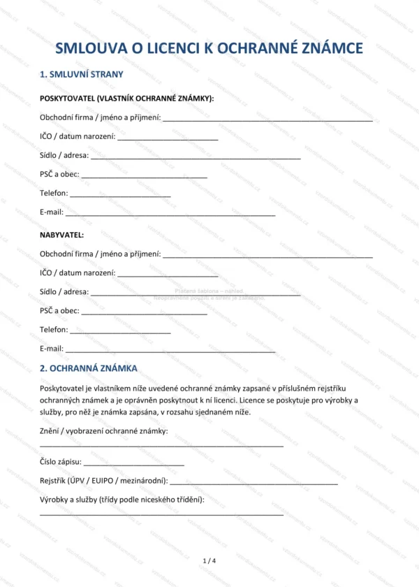 Smlouva o licenci k ochranné známce — Vzor Word & PDF