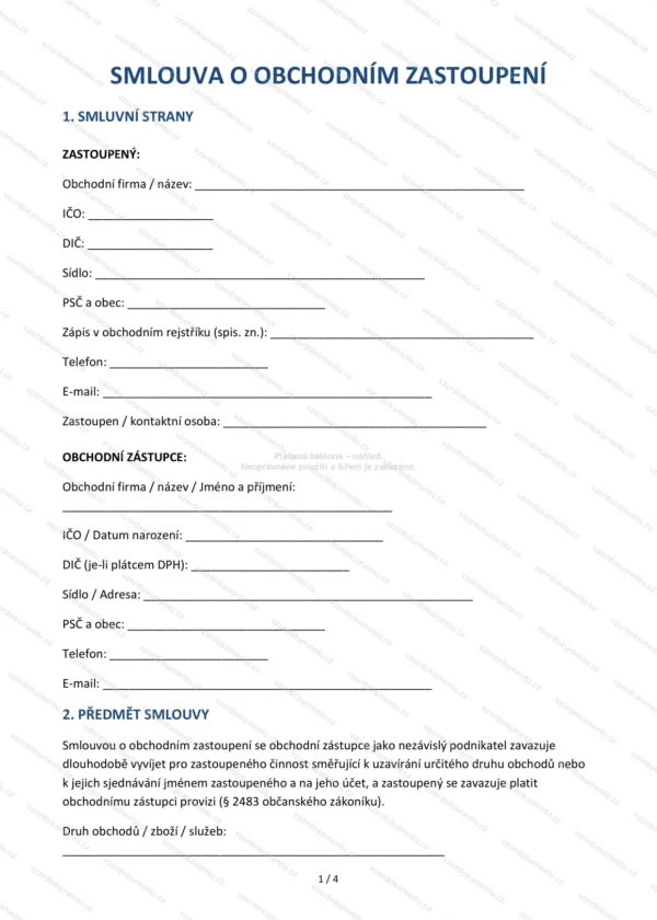 Smlouva o obchodním zastoupení — Vzor Word & PDF
