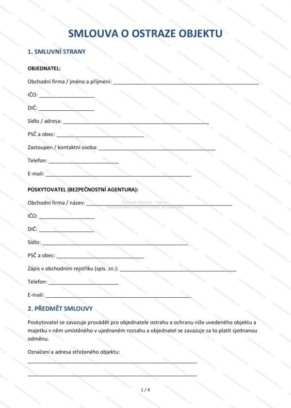 Smlouva o ostraze objektu — Vzor Word & PDF