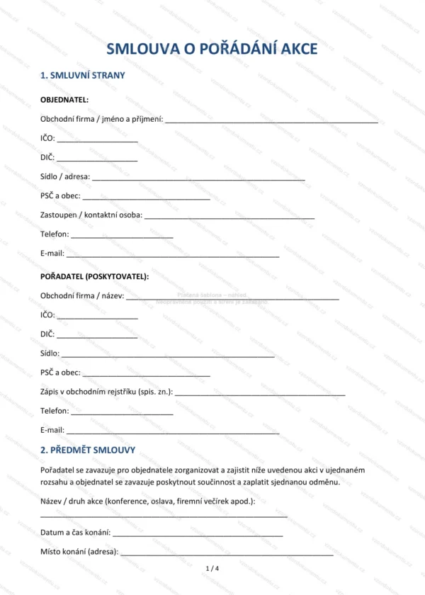 Smlouva o pořádání akce — Vzor Word & PDF
