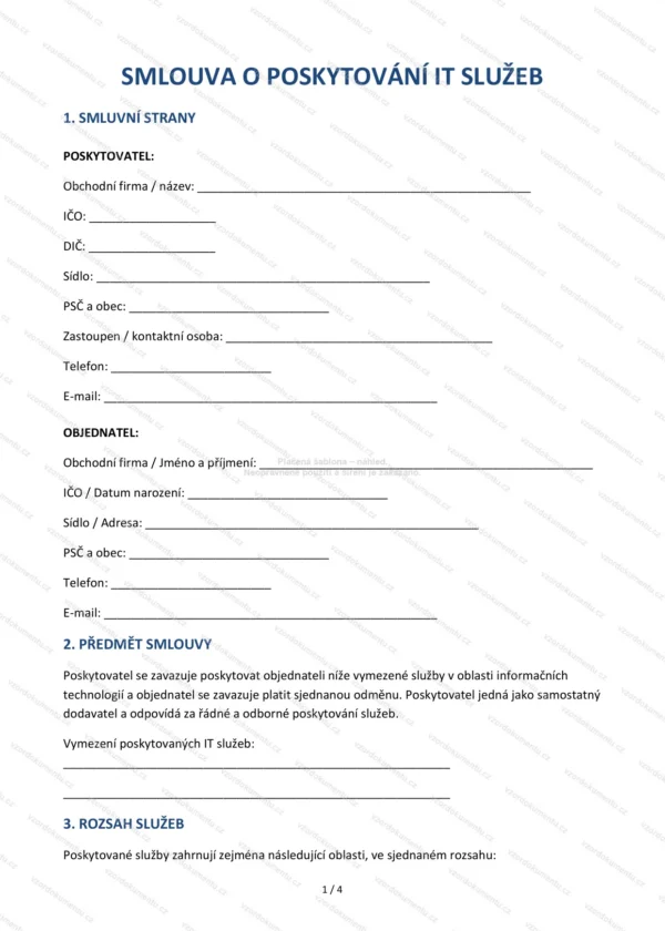 Smlouva o poskytování IT služeb — Vzor Word & PDF