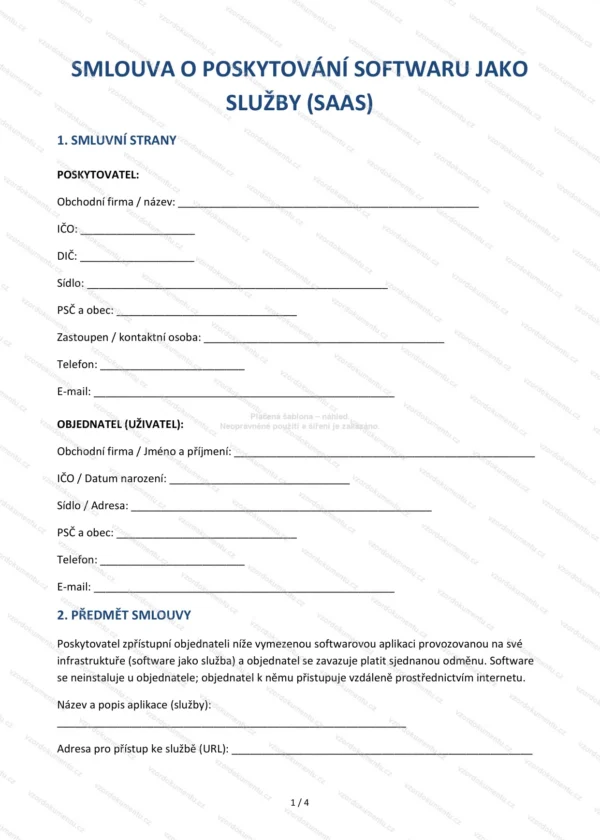 Smlouva o poskytování softwaru jako služby (SaaS) — Vzor Word & PDF