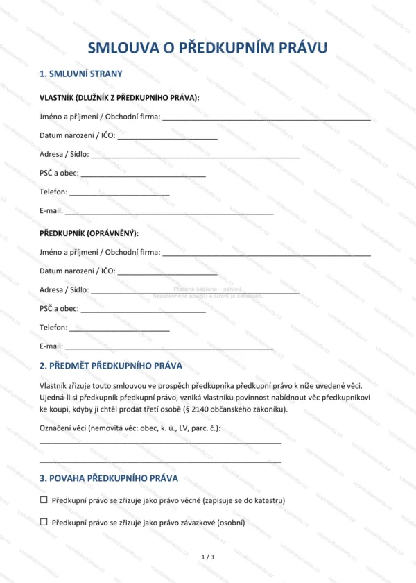 Smlouva o předkupním právu — Vzor Word & PDF