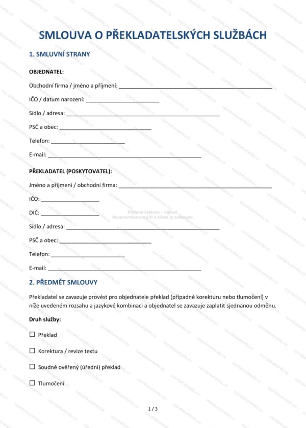 Smlouva o překladatelských službách — Vzor Word & PDF
