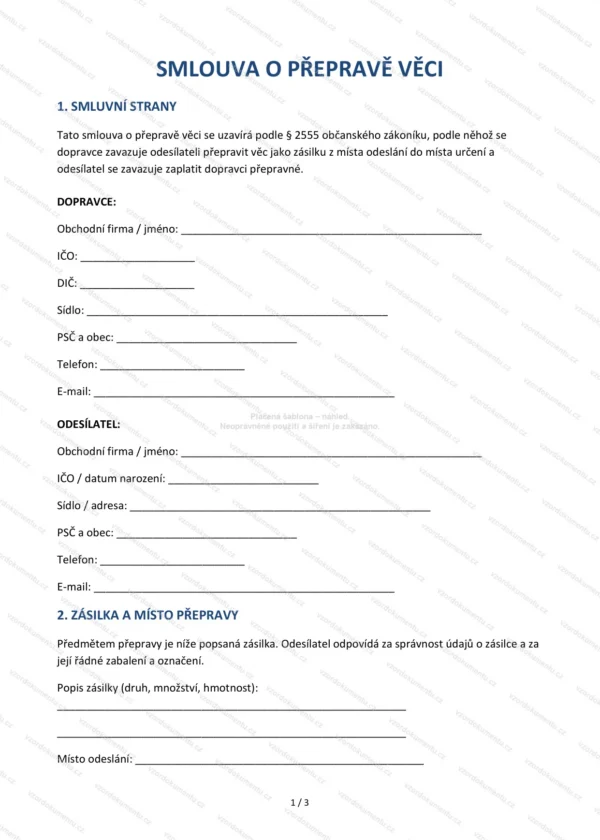 Smlouva o přepravě věci — Vzor Word & PDF