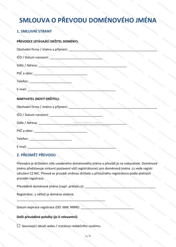 Smlouva o převodu doménového jména — Vzor Word & PDF