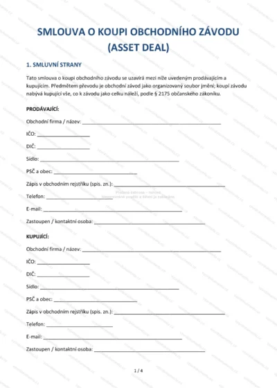 Smlouva o převodu obchodního závodu (asset deal) — vzor ke stažení, náhled strany 1 z 4
