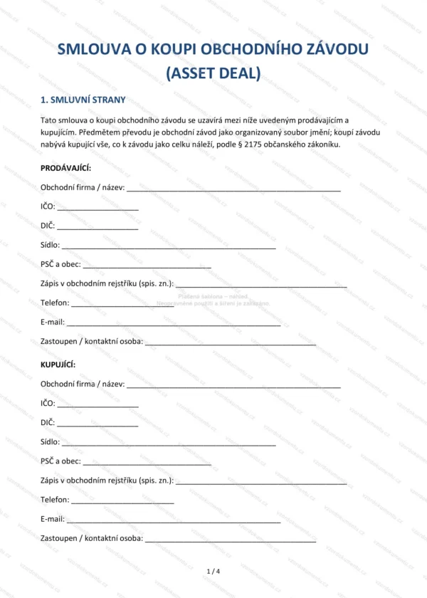 Smlouva o převodu obchodního závodu (asset deal) — Vzor Word & PDF