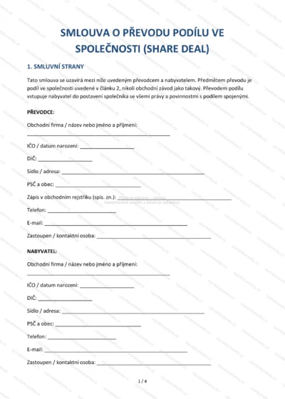Smlouva o převodu obchodního závodu (share deal) — vzor ke stažení, náhled strany 1 z 4