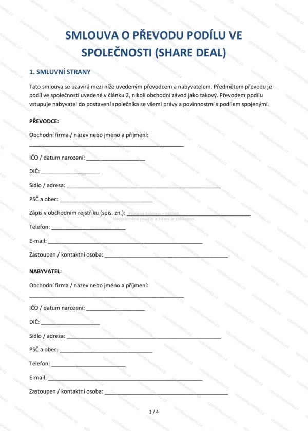 Smlouva o převodu obchodního závodu (share deal) — Vzor Word & PDF