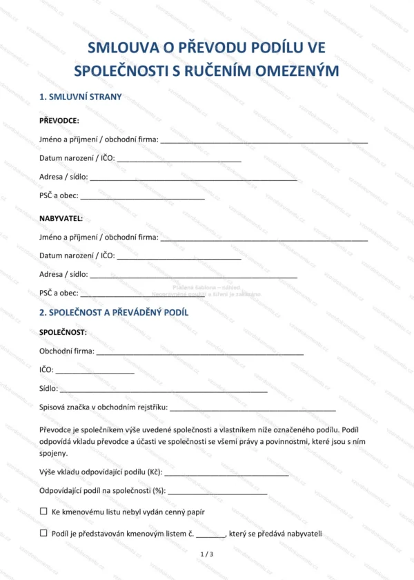 Smlouva o převodu podílu ve společnosti s ručením omezeným — Vzor Word & PDF