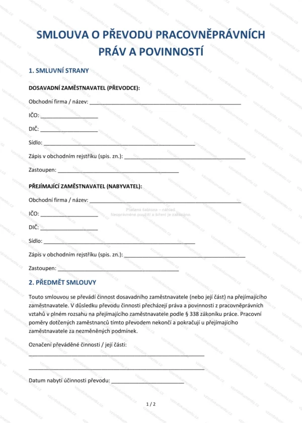 Smlouva o převodu pracovněprávních práv — Vzor Word & PDF