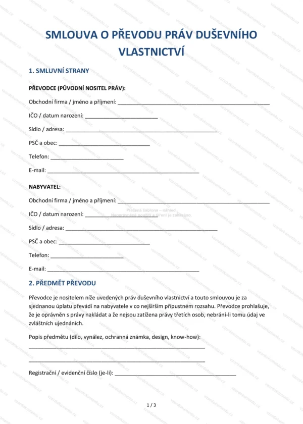 Smlouva o převodu práv duševního vlastnictví — Vzor Word & PDF