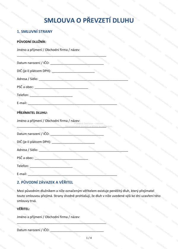 Smlouva o převzetí dluhu — Vzor Word & PDF
