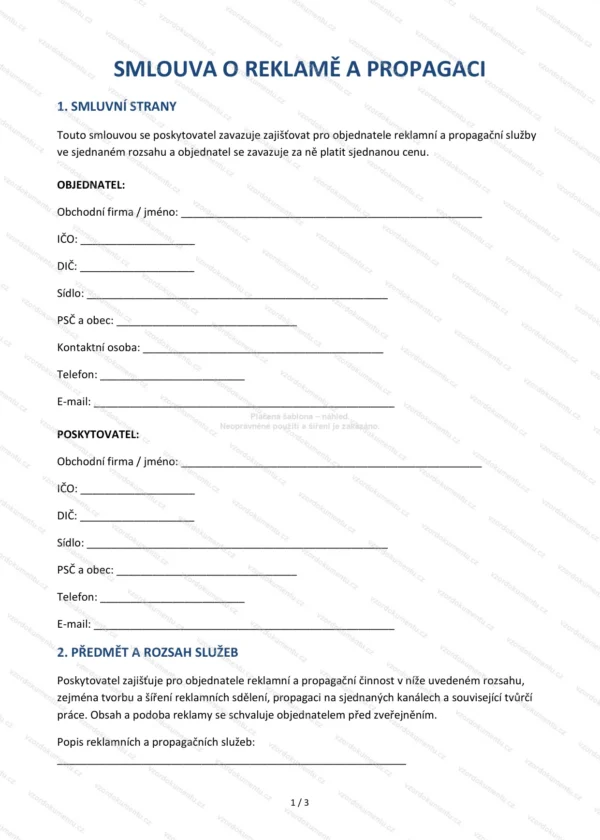 Smlouva o reklamě a propagaci — Vzor Word & PDF