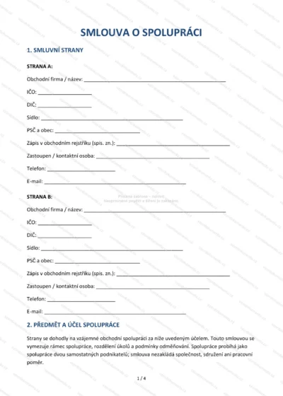 Smlouva o spolupráci B2B — vzor ke stažení, náhled strany 1 z 4