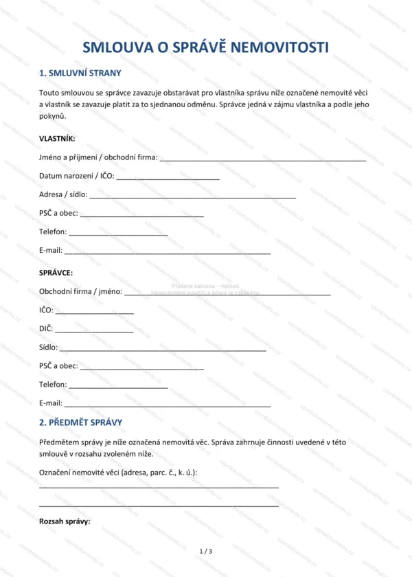 Smlouva o správě nemovitosti — Vzor Word & PDF