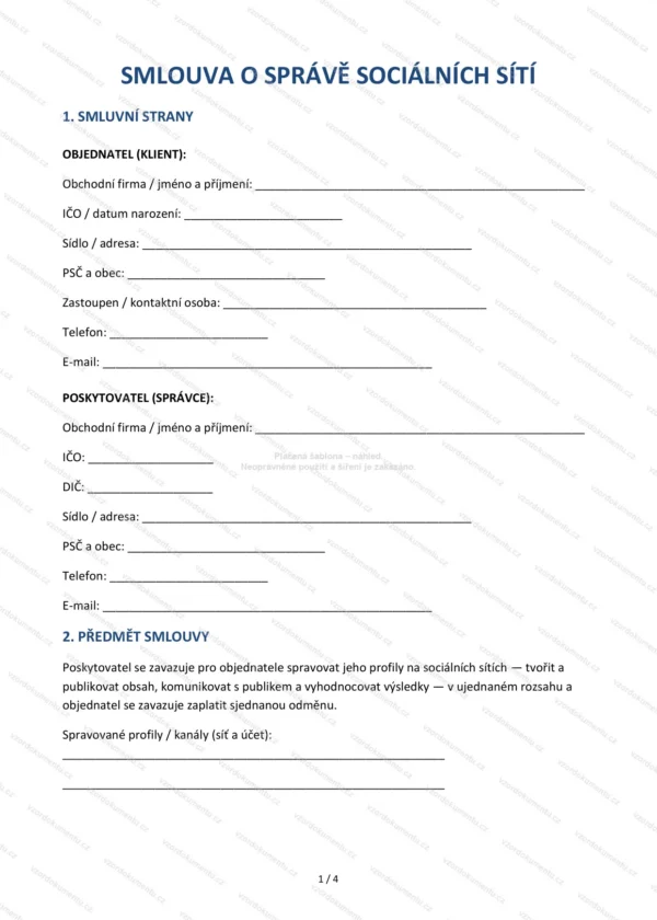 Smlouva o správě sociálních sítí — Vzor Word & PDF