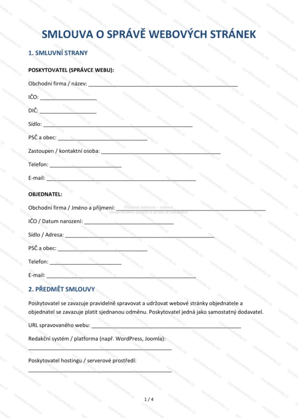 Smlouva o správě webových stránek — Vzor Word & PDF