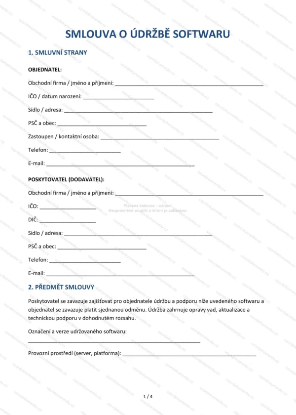 Smlouva o údržbě softwaru — Vzor Word & PDF