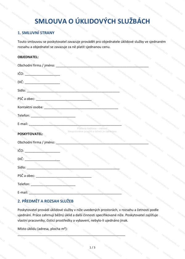 Smlouva o úklidových službách — Vzor Word & PDF