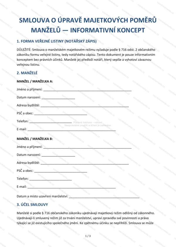 Smlouva o úpravě majetkových poměrů manželů — Vzor Word & PDF