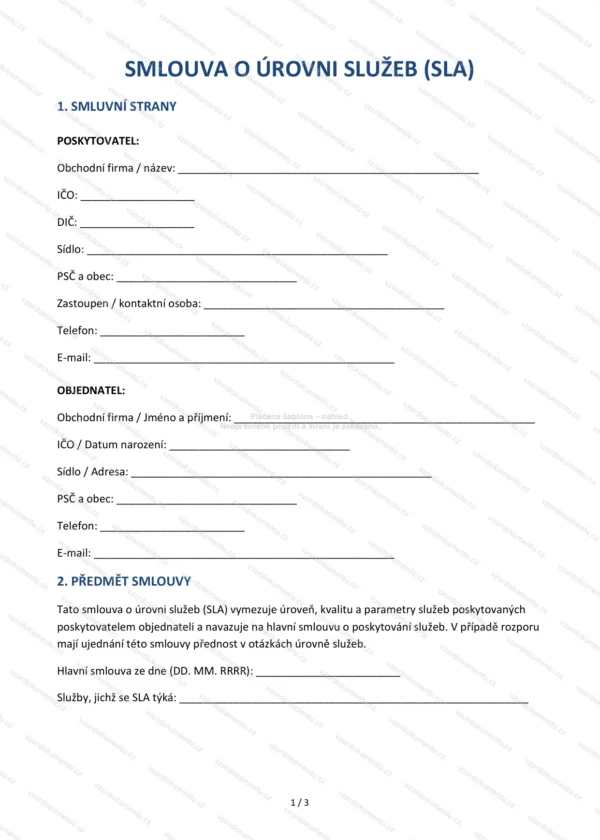 Smlouva o úrovni služeb (SLA) — Vzor Word & PDF