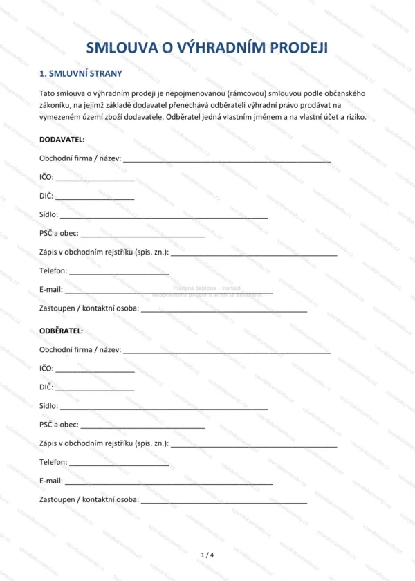 Smlouva o výhradním prodeji — Vzor Word & PDF