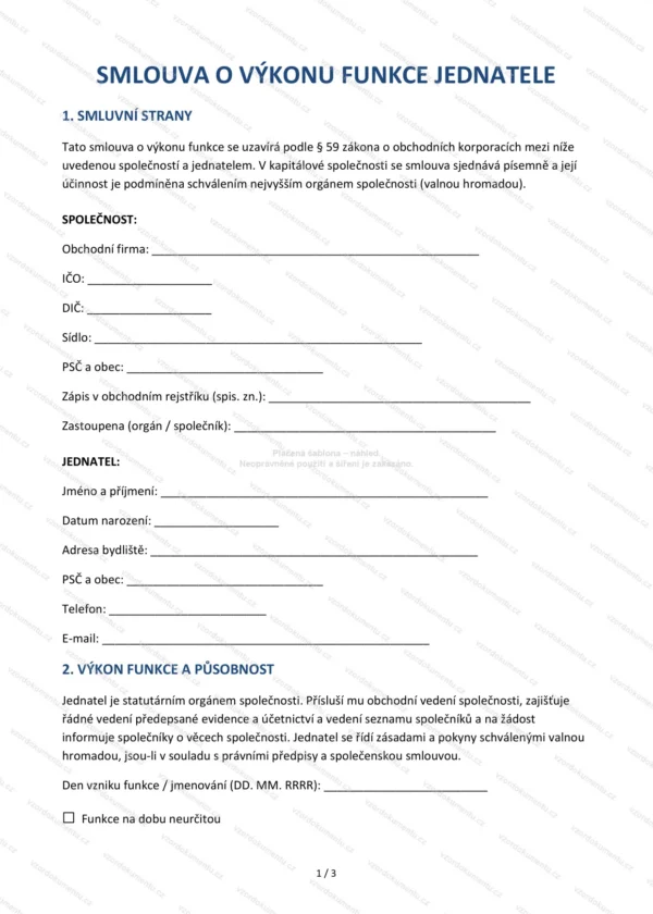 Smlouva o výkonu funkce jednatele — Vzor Word & PDF