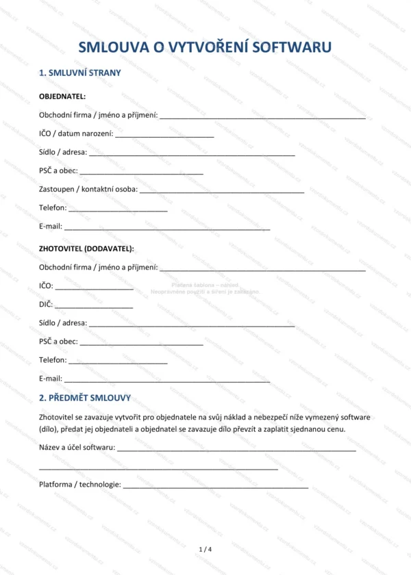 Smlouva o vytvoření softwaru — Vzor Word & PDF