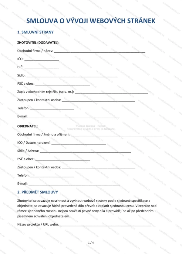 Smlouva o vývoji webových stránek — Vzor Word & PDF